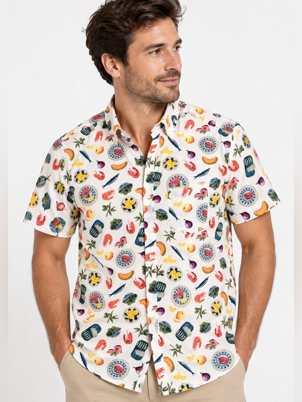 J.Crew XL Flex Washed Mediterranean Seafood Print Short Sleeve Shirt